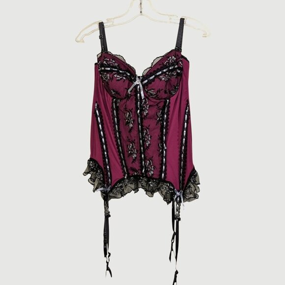 Coquette Bustier Deep Magenta Red Black Lace Boned Sexy Goth Burlesque - Picture 1 of 6